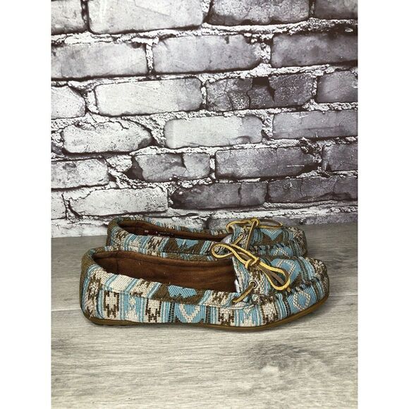 Minnetonka Blue Aztec Southwest Lace Bow Moccasins Shoes Women Sz 9M US/40EU - Picture 4 of 16